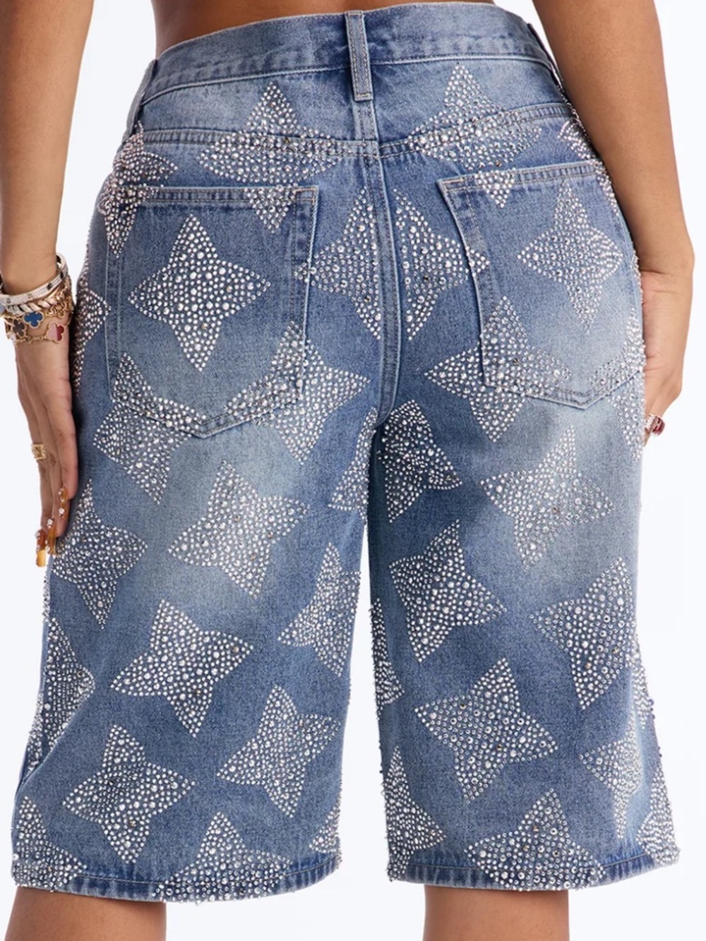 Fashion Nova Blue Star-Embellished Denim Bermudas